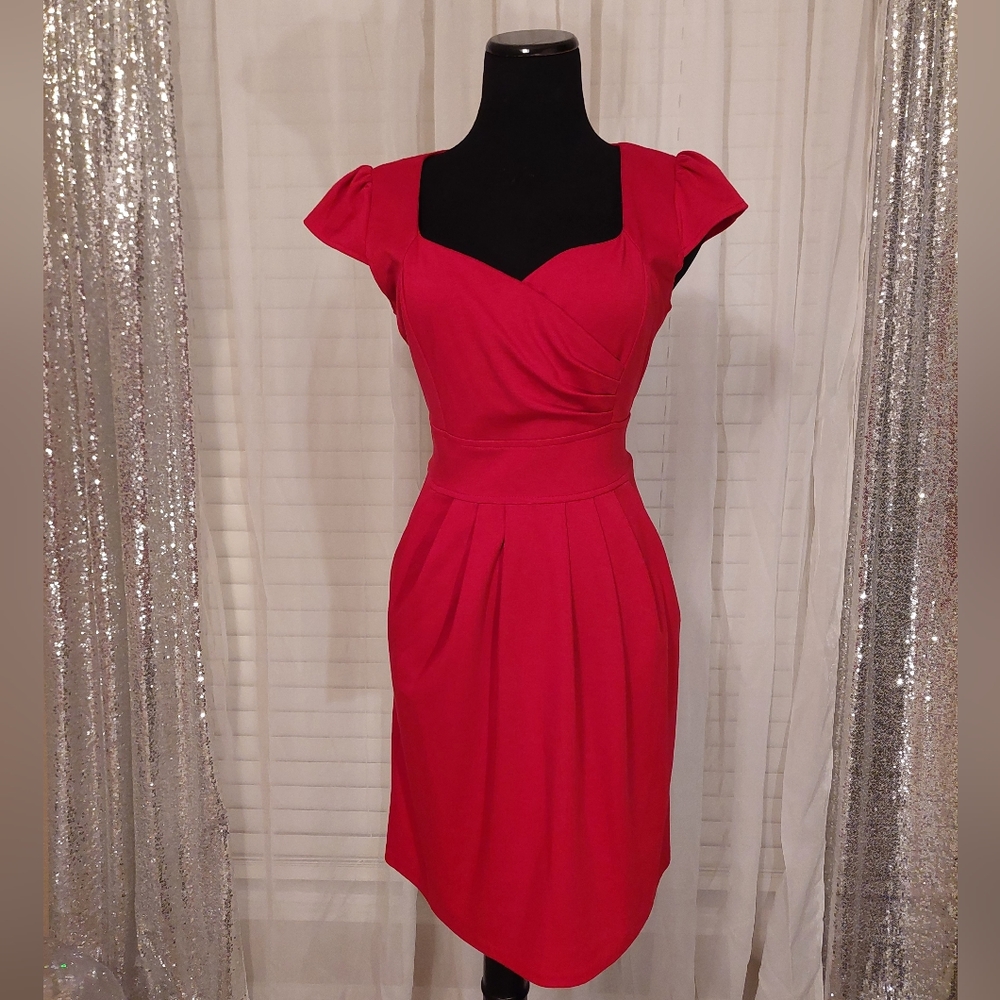 💕2 for $20 Dresses: Cap-sleeved Red Dress with Pockets